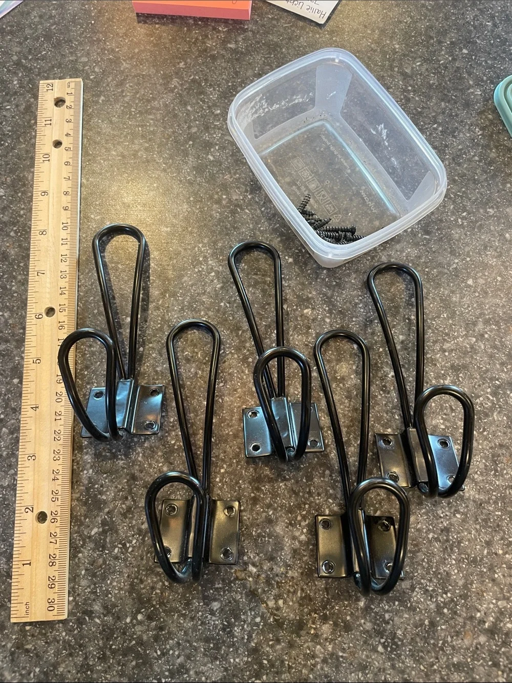 Black farmhouse style double wall hooks with hardware, set of 5